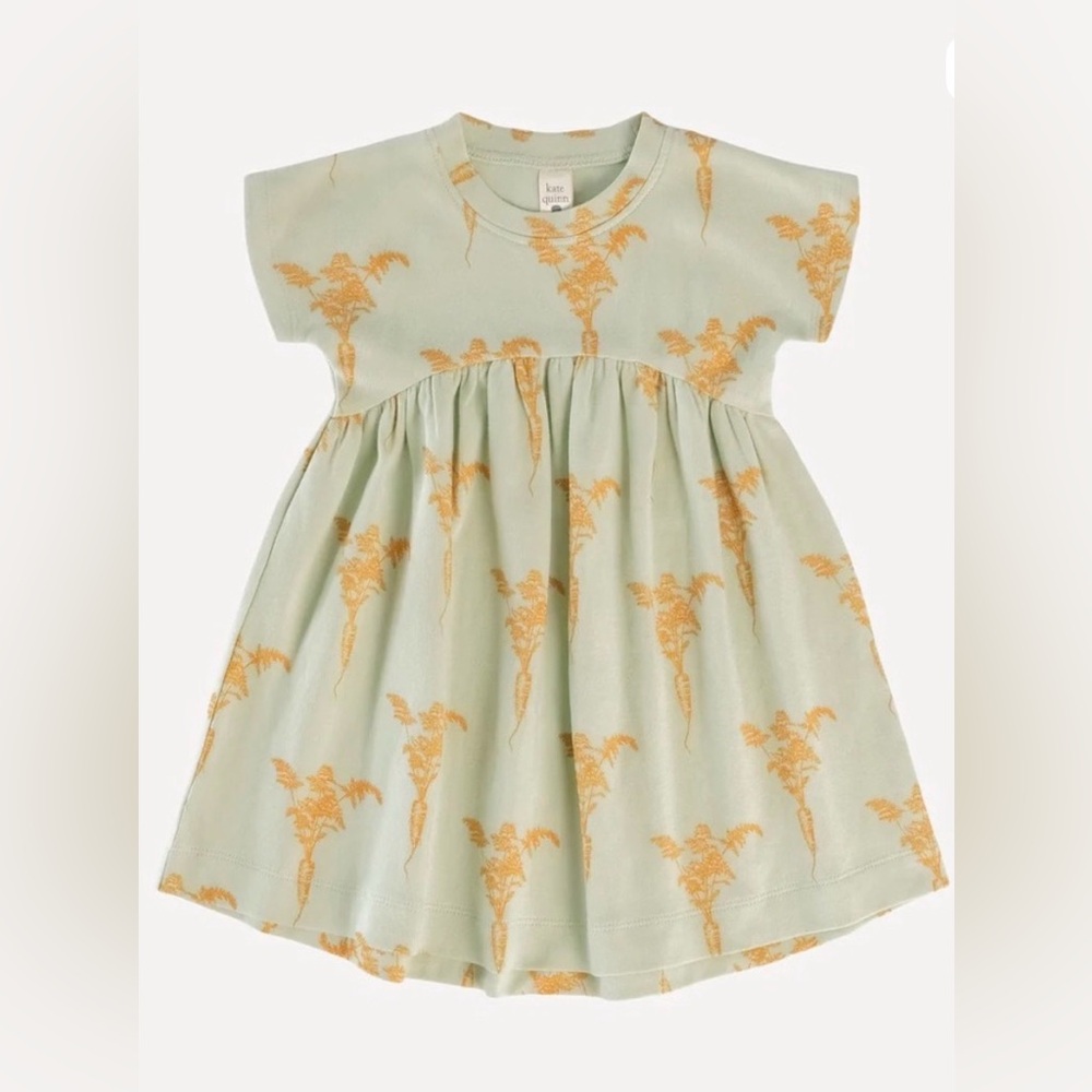 Kate Quinn Sage Green Organic Cotton Baby Dress with Carrots Print